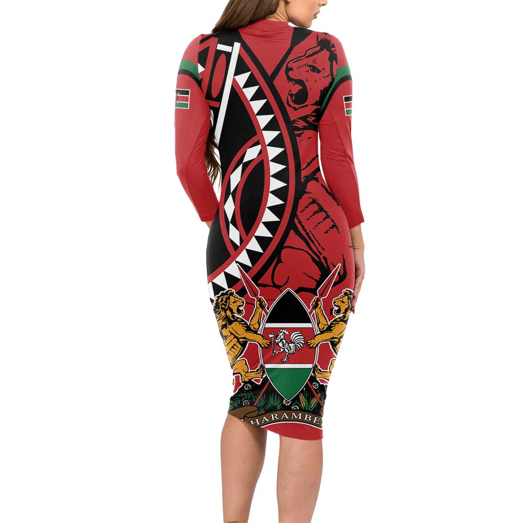 Kenya With African Shield Long Sleeve Bodycon Dress - Wonder Print Shop