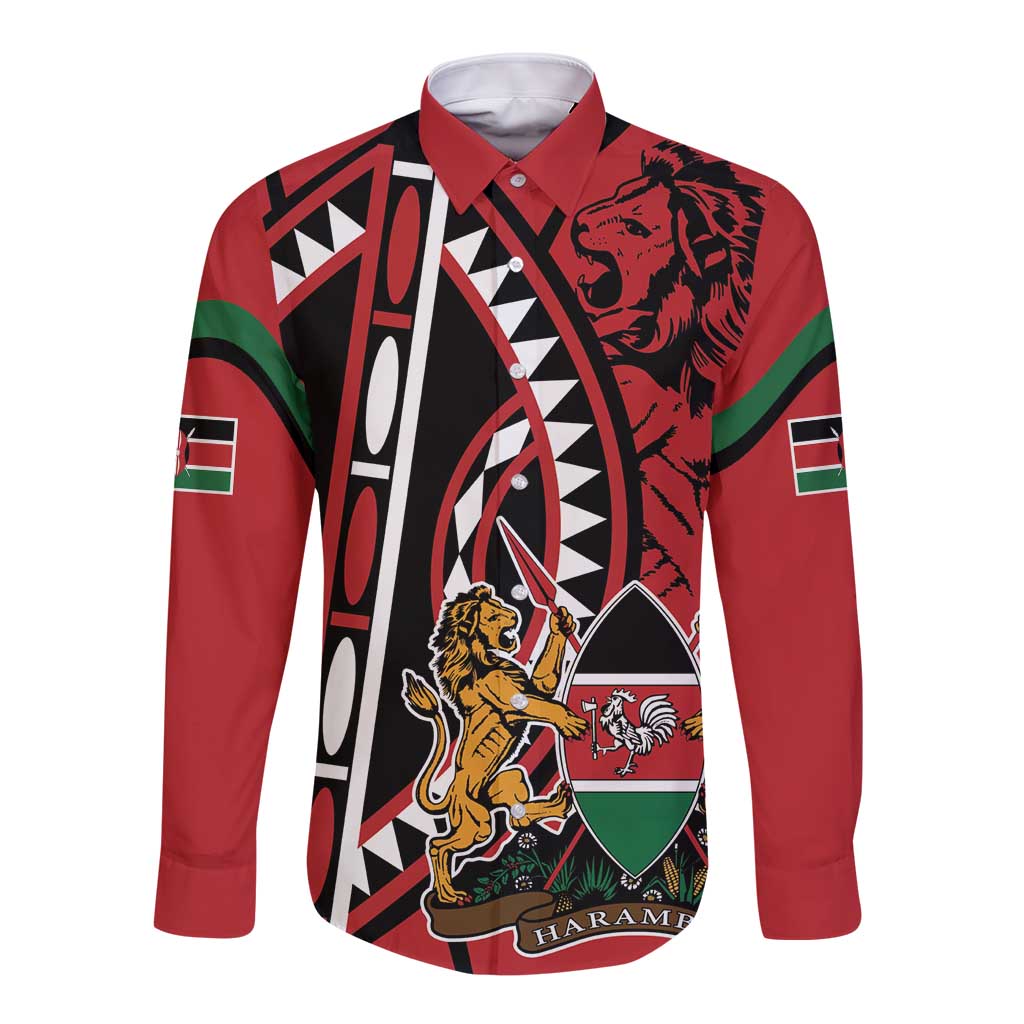 Kenya With African Shield Long Sleeve Button Shirt - Wonder Print Shop
