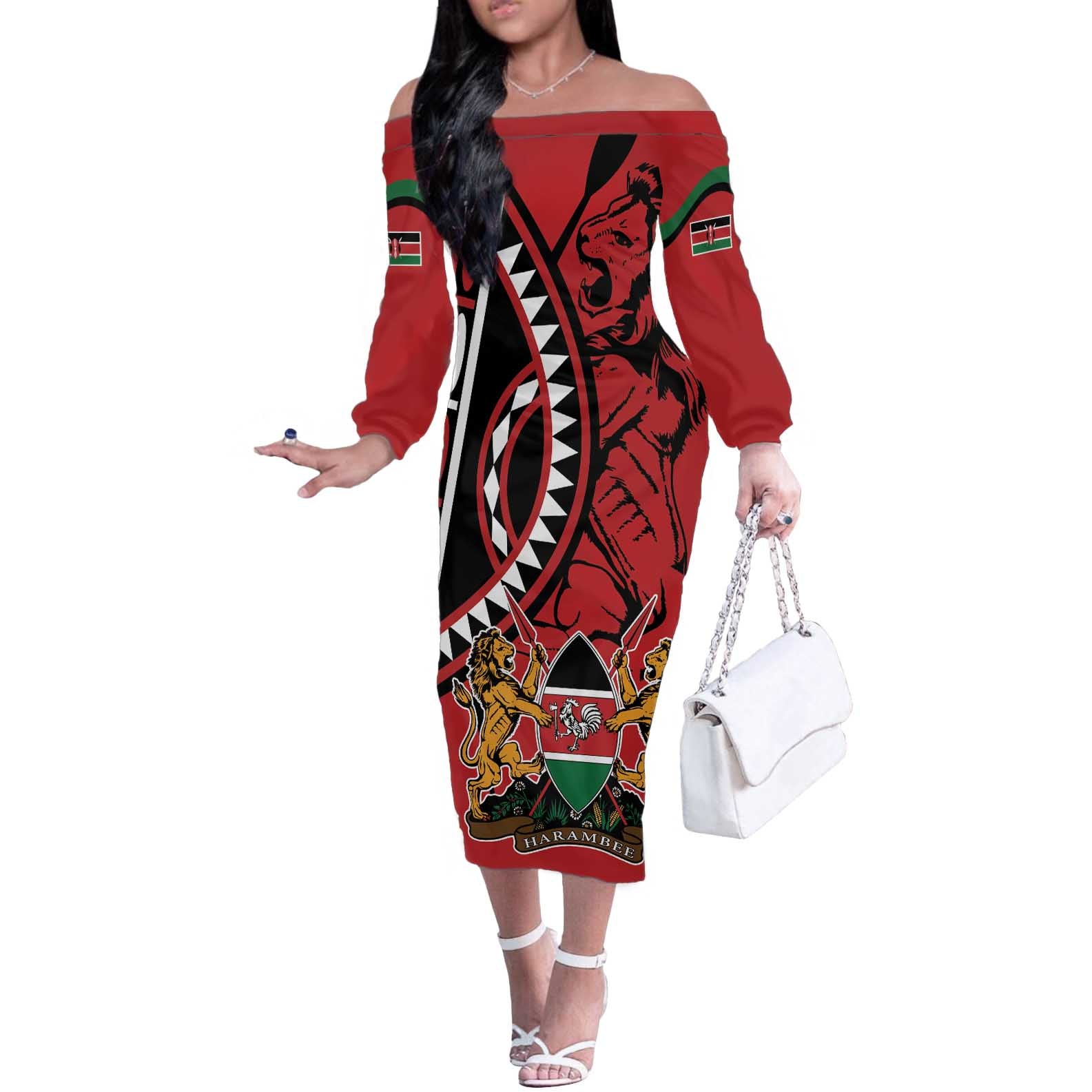 Kenya With African Shield Off The Shoulder Long Sleeve Dress - Wonder Print Shop