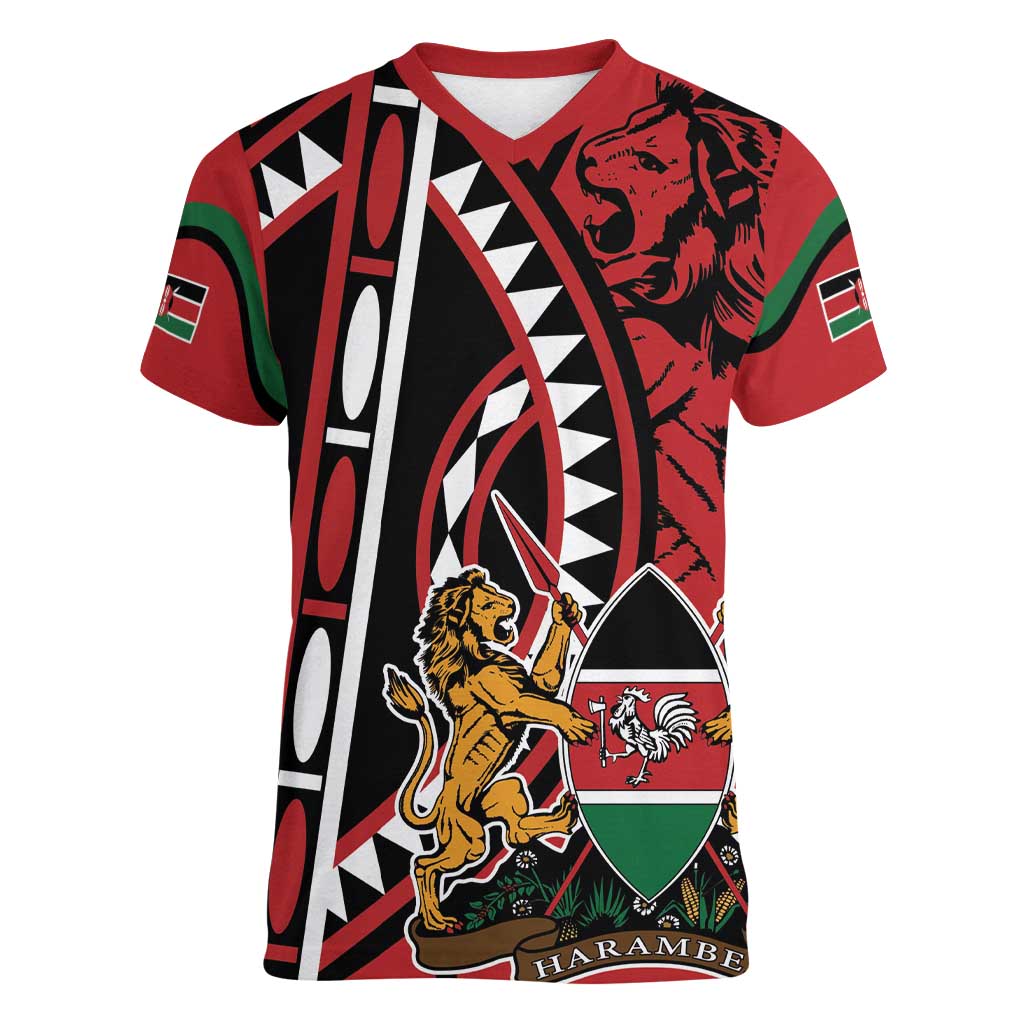 Kenya With African Shield Women V-Neck T-Shirt - Wonder Print Shop