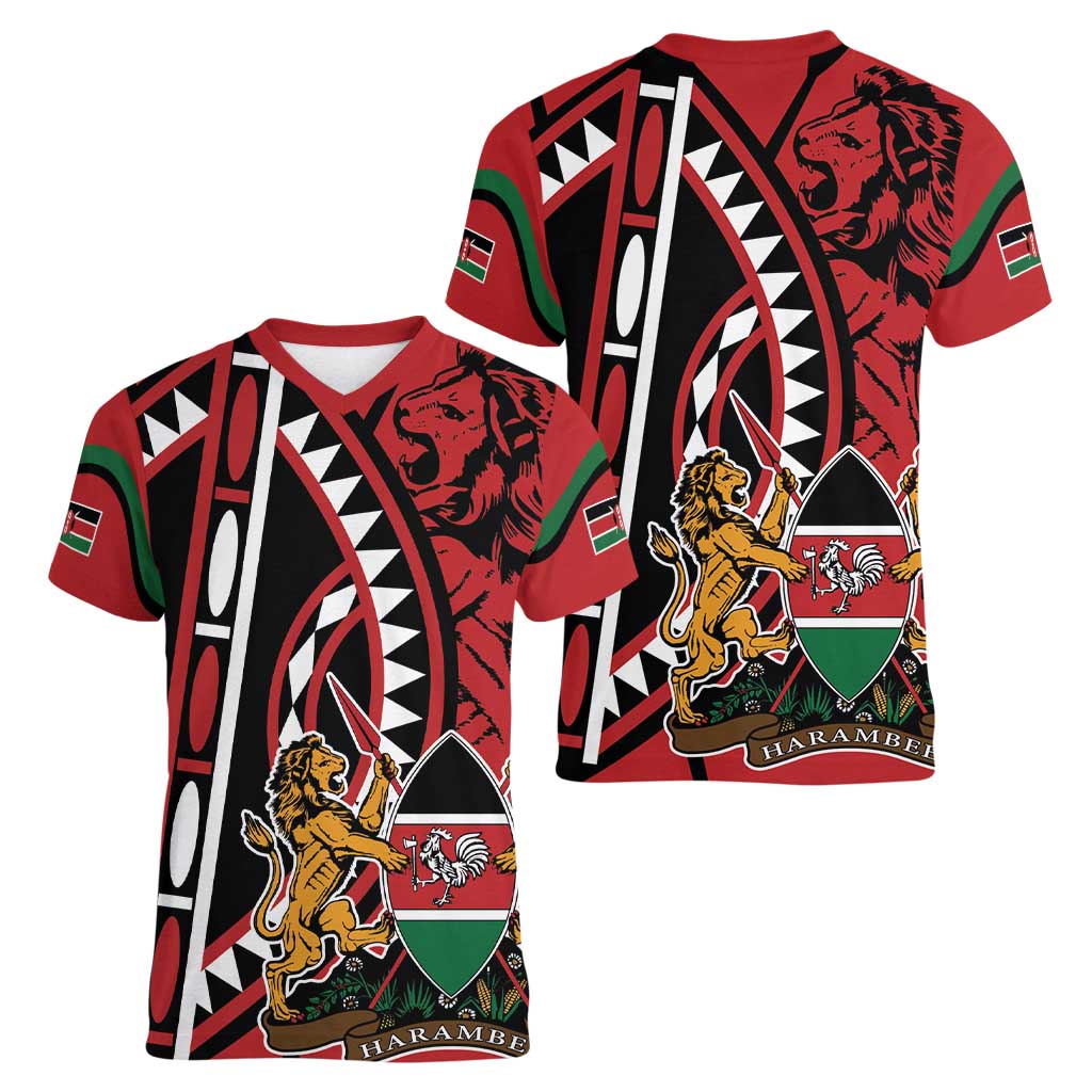 Kenya With African Shield Women V-Neck T-Shirt - Wonder Print Shop