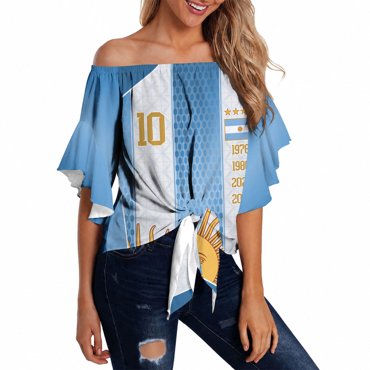 Argentina Campeones del Mundo 2026 Custom Off Shoulder Wrap Waist Top Albiceleste  Fourth Star Retro Style