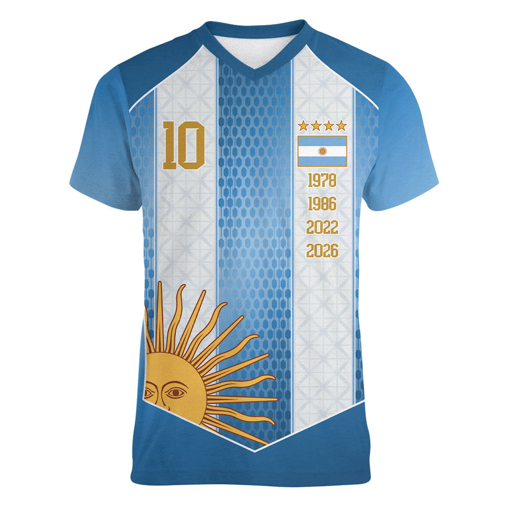 Argentina Campeones del Mundo 2026 Custom Women V-Neck T-Shirt Albiceleste  Fourth Star Retro Style