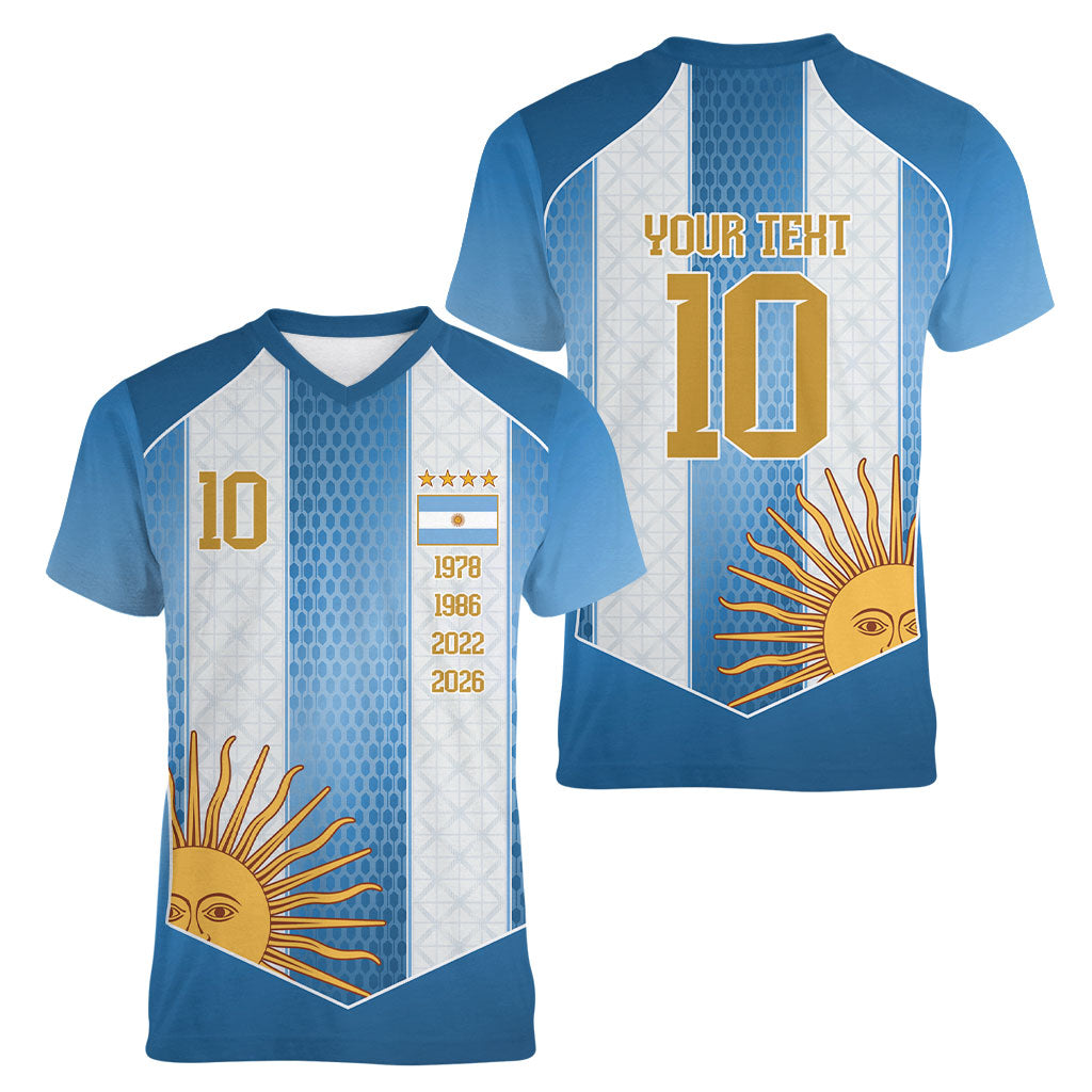 Argentina Campeones del Mundo 2026 Custom Women V-Neck T-Shirt Albiceleste  Fourth Star Retro Style