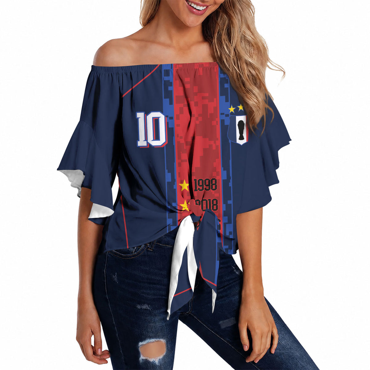 France Champion du Monde 2026 Custom Off Shoulder Wrap Waist Top Les Bleus Third Star Retro Style