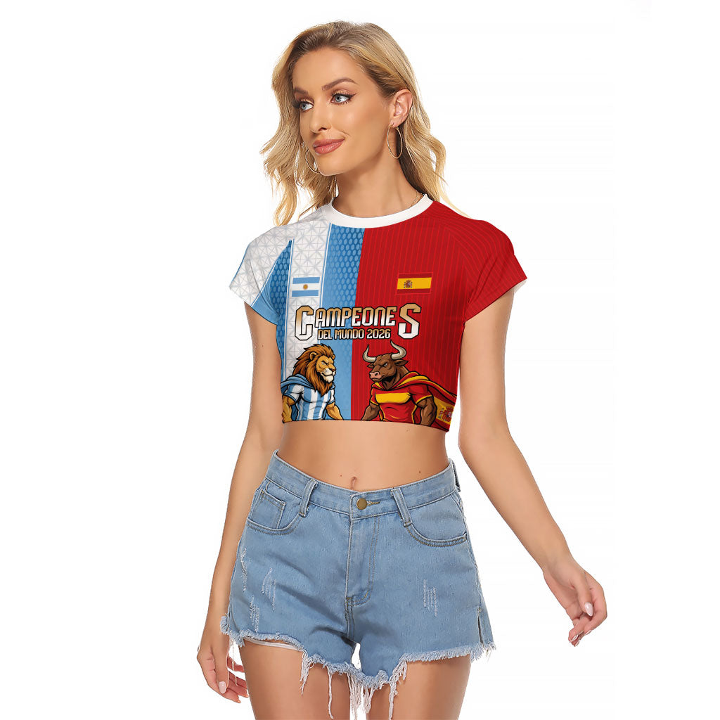 Argentina Spain World Final Football Personalized Raglan Cropped T Shirt Un Idioma Dos Naciones Un Campeon