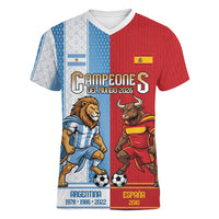 Argentina Spain World Final Football Personalized Women V-Neck T-Shirt Un Idioma Dos Naciones Un Campeon