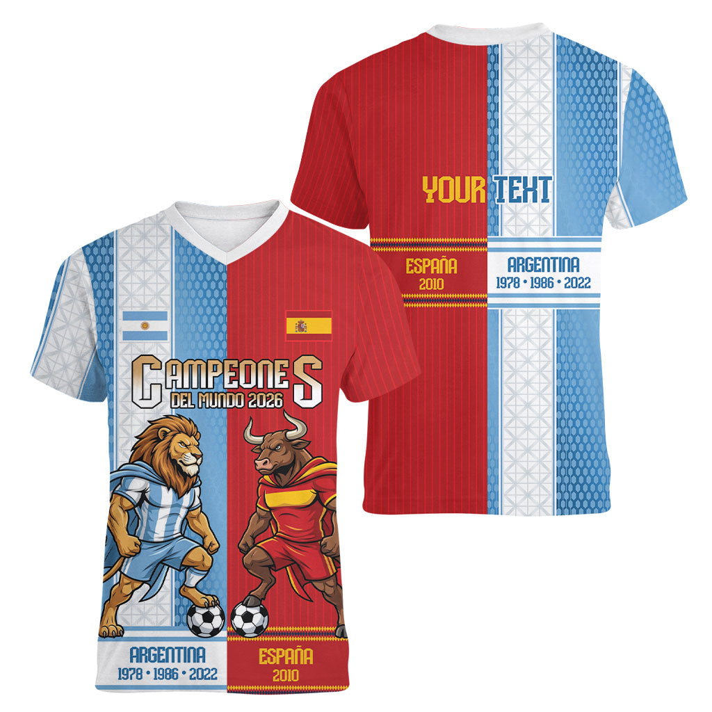 Argentina Spain World Final Football Personalized Women V-Neck T-Shirt Un Idioma Dos Naciones Un Campeon