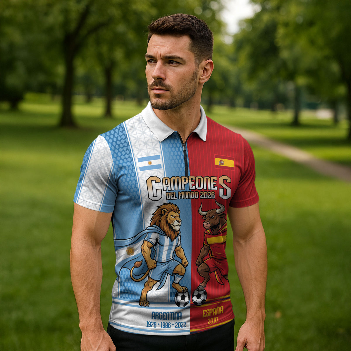Argentina Spain World Final Football Personalized Zipper Polo Shirt Un Idioma Dos Naciones Un Campeon