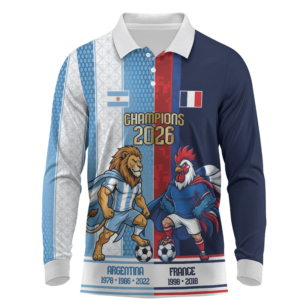 Argentina France World Final Football Personalized Long Sleeve Polo Shirt Two Nations Five Stars One Trophy