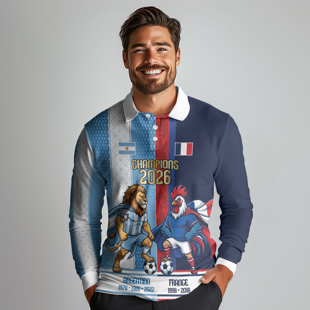 Argentina France World Final Football Personalized Long Sleeve Polo Shirt Two Nations Five Stars One Trophy