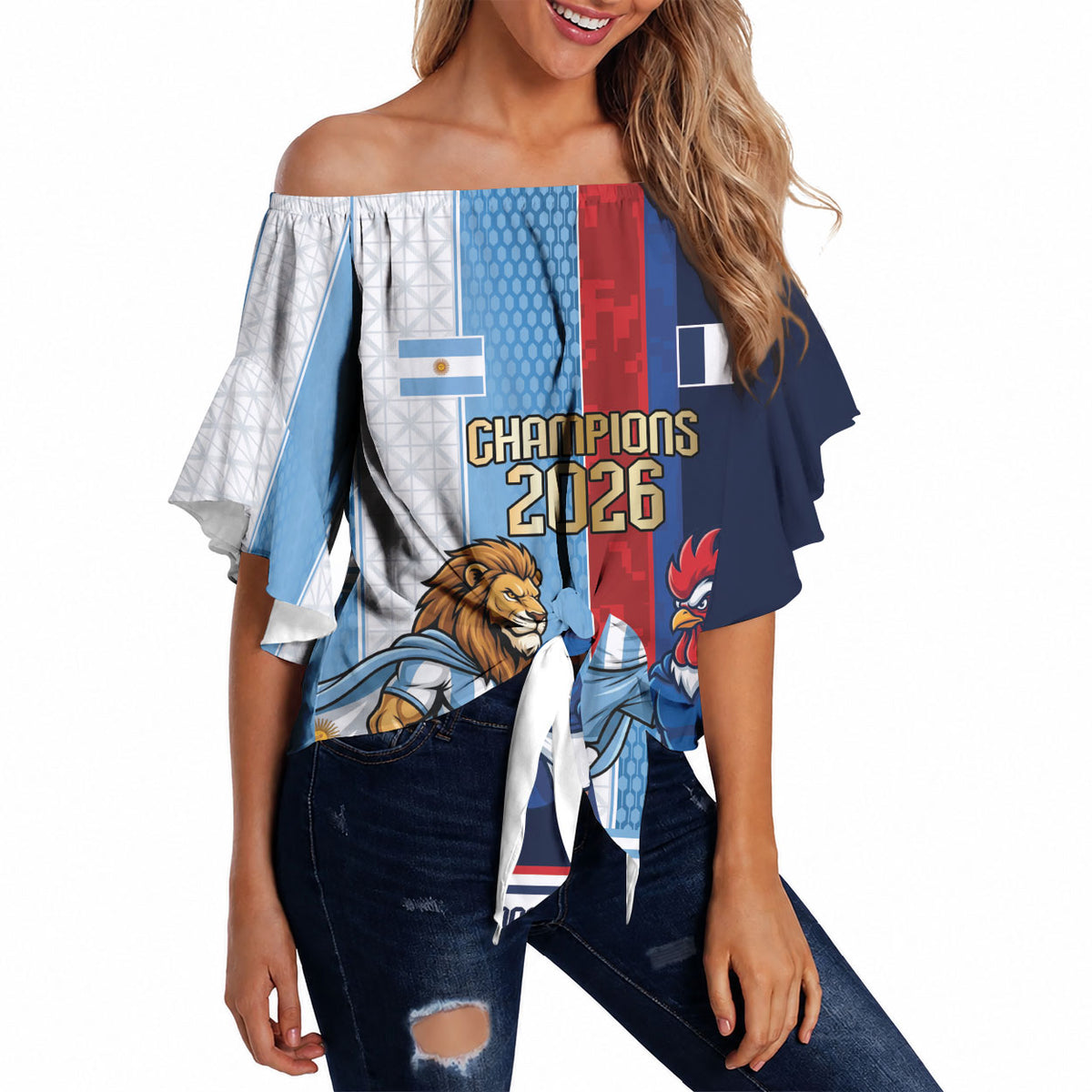 Argentina France World Final Football Personalized Off Shoulder Wrap Waist Top Two Nations Five Stars One Trophy