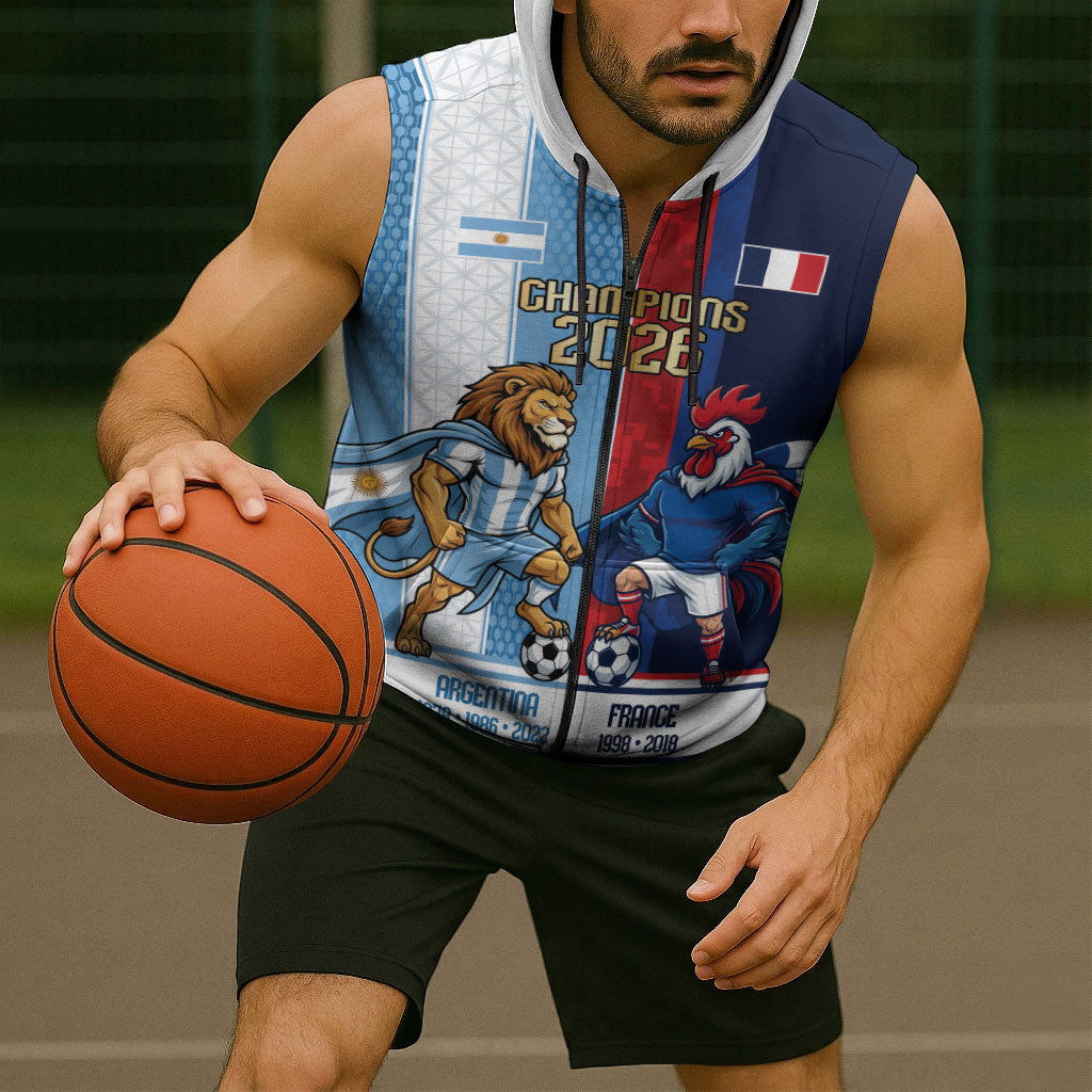 Argentina France World Final Football Personalized Sleeveless Zip Hoodie Two Nations Five Stars One Trophy