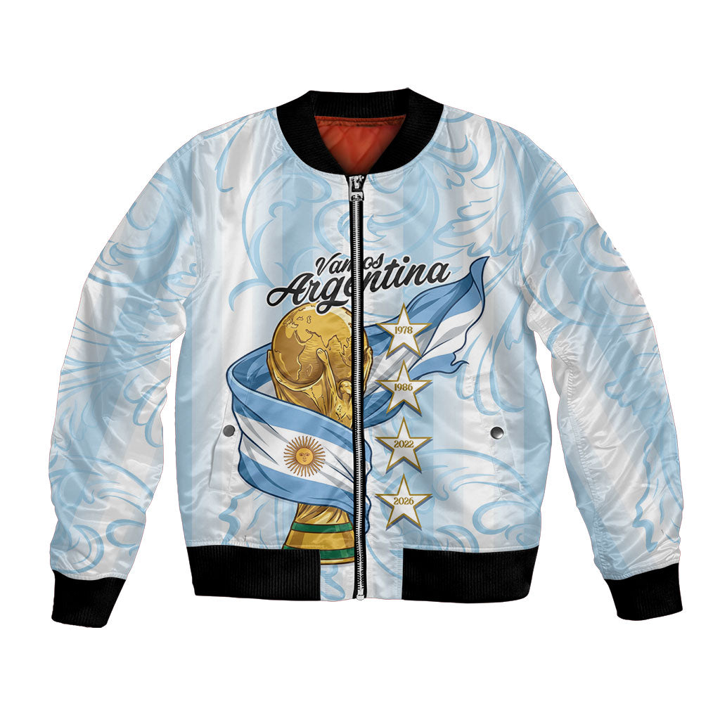Argentina Campeones del Mundo 2026 Personalized Bomber Jacket Albiceleste Trophy Splash Art Soccer Champion