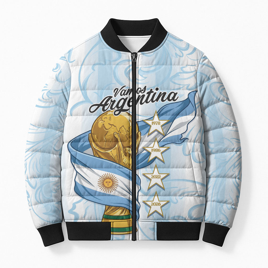 Argentina Campeones del Mundo 2026 Personalized Bomber Puffer Jacket Albiceleste Trophy Splash Art Soccer Champion