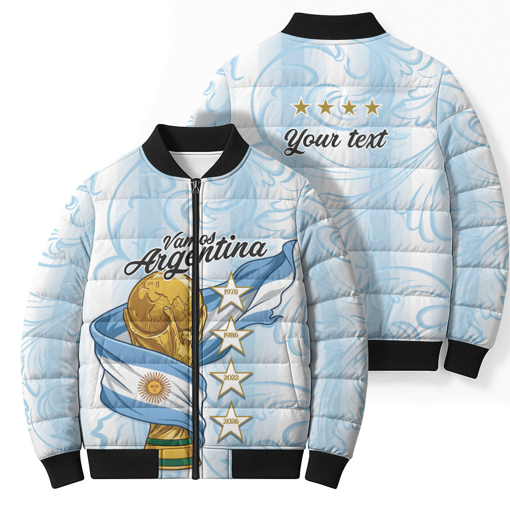 Argentina Campeones del Mundo 2026 Personalized Bomber Puffer Jacket Albiceleste Trophy Splash Art Soccer Champion