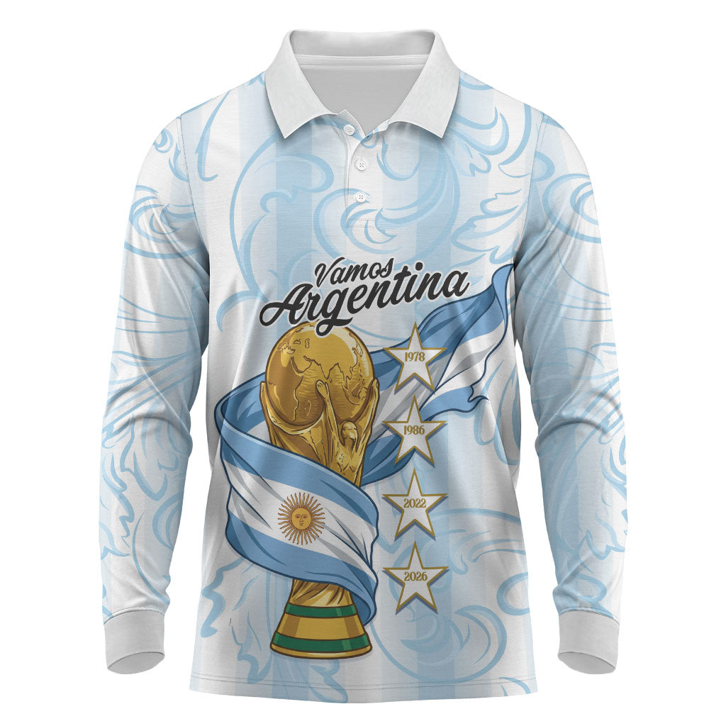 Argentina Campeones del Mundo 2026 Personalized Long Sleeve Polo Shirt Albiceleste Trophy Splash Art Soccer Champion