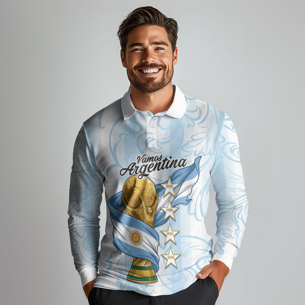 Argentina Campeones del Mundo 2026 Personalized Long Sleeve Polo Shirt Albiceleste Trophy Splash Art Soccer Champion