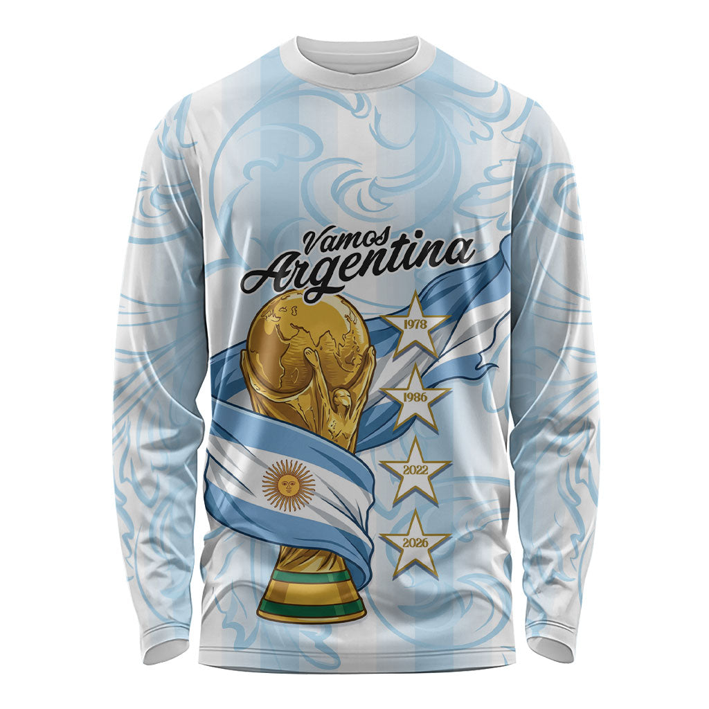 Argentina Campeones del Mundo 2026 Personalized Long Sleeve Shirt Albiceleste Trophy Splash Art Soccer Champion
