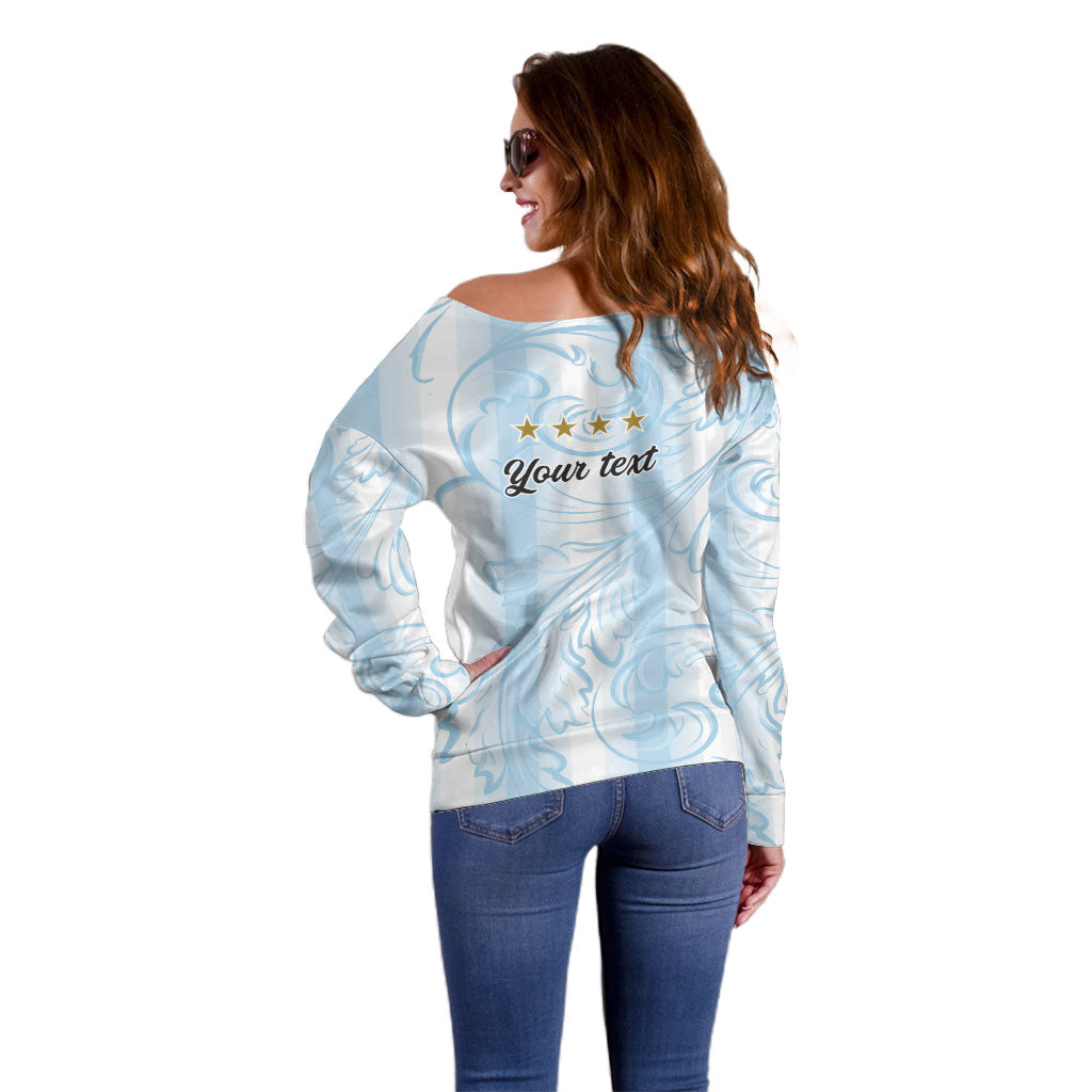 Argentina Campeones del Mundo 2026 Personalized Off Shoulder Sweater Albiceleste Trophy Splash Art Soccer Champion