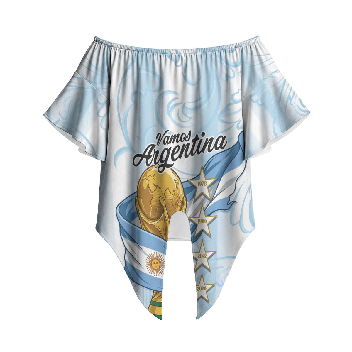Argentina Campeones del Mundo 2026 Personalized Off Shoulder Wrap Waist Top Albiceleste Trophy Splash Art Soccer Champion