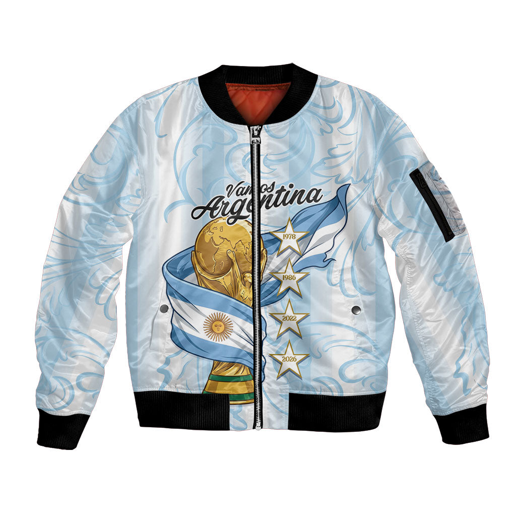 Argentina Campeones del Mundo 2026 Personalized Sleeve Zip Bomber Jacket Albiceleste Trophy Splash Art Soccer Champion