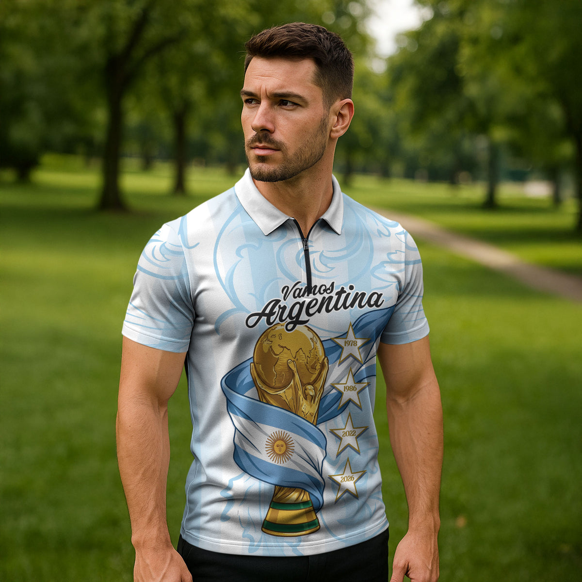 Argentina Campeones del Mundo 2026 Personalized Zipper Polo Shirt Albiceleste Trophy Splash Art Soccer Champion