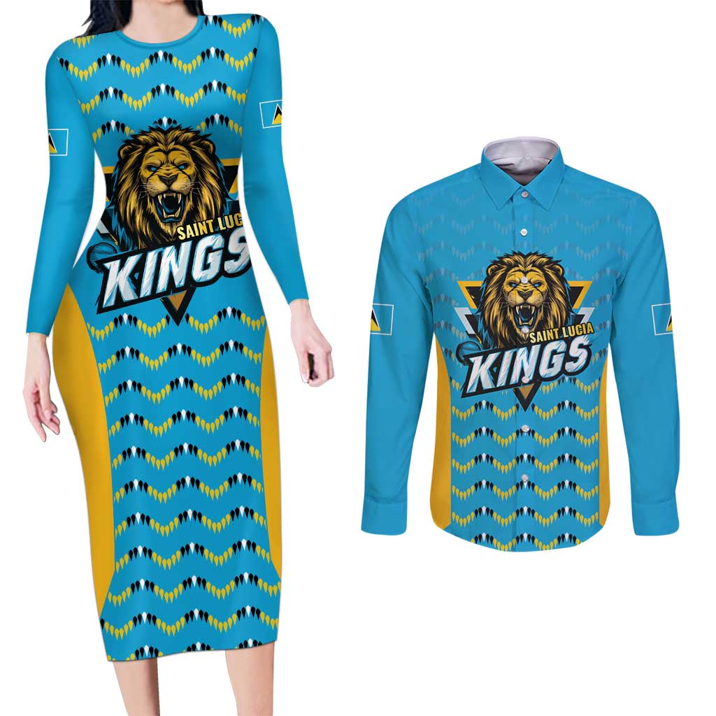 Custom Caribbean Cricket Saint Lucia Couples Matching Long Sleeve Bodycon Dress and Long Sleeve Button Shirt Glory is Ours Kings Rule 2025 - Wonder Print Shop