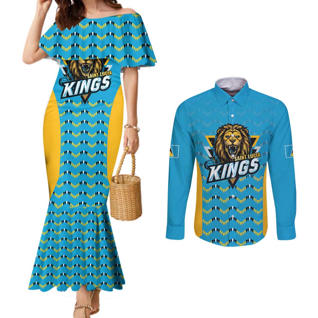 Custom Caribbean Cricket Saint Lucia Couples Matching Mermaid Dress and Long Sleeve Button Shirt Glory is Ours Kings Rule 2025 - Wonder Print Shop