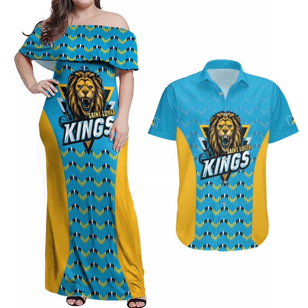 Custom Caribbean Cricket Saint Lucia Couples Matching Off Shoulder Maxi Dress and Hawaiian Shirt Glory is Ours Kings Rule 2025 - Wonder Print Shop