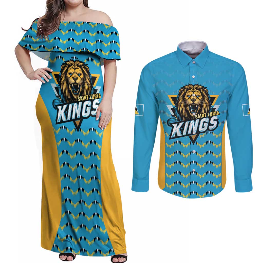 Custom Caribbean Cricket Saint Lucia Couples Matching Off Shoulder Maxi Dress and Long Sleeve Button Shirt Glory is Ours Kings Rule 2025 - Wonder Print Shop