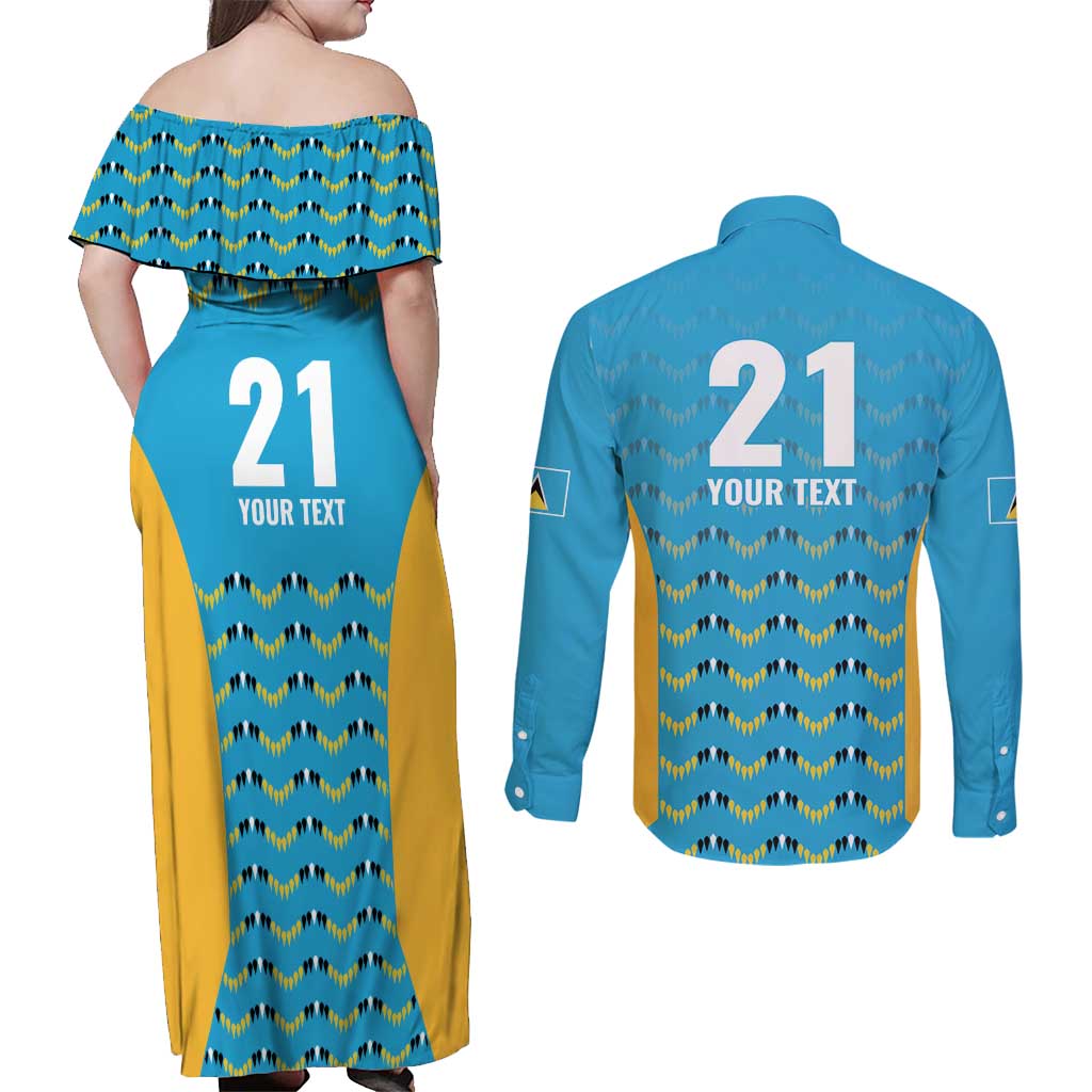 Custom Caribbean Cricket Saint Lucia Couples Matching Off Shoulder Maxi Dress and Long Sleeve Button Shirt Glory is Ours Kings Rule 2025 - Wonder Print Shop