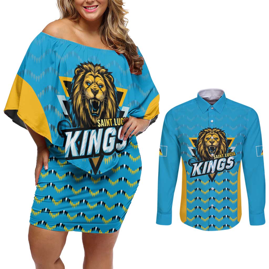 Custom Caribbean Cricket Saint Lucia Couples Matching Off Shoulder Short Dress and Long Sleeve Button Shirt Glory is Ours Kings Rule 2025 - Wonder Print Shop