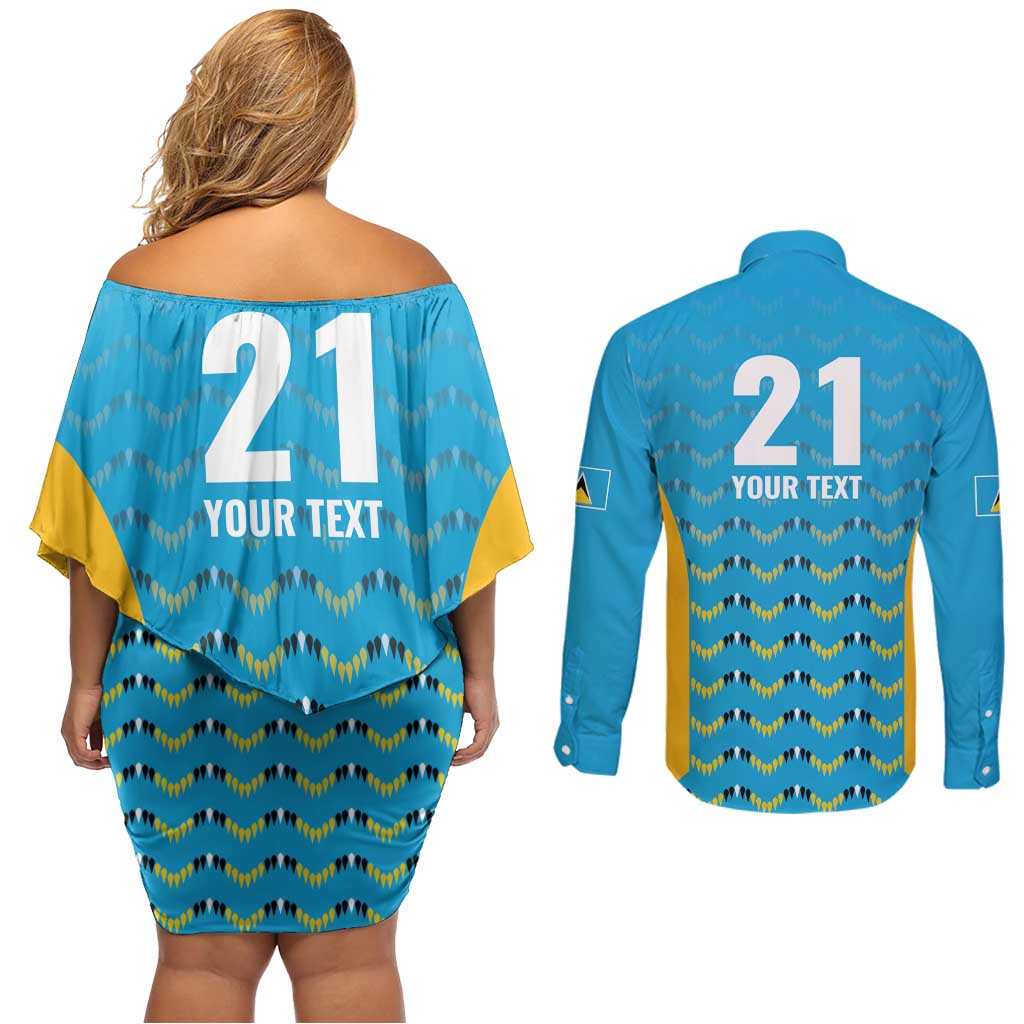 Custom Caribbean Cricket Saint Lucia Couples Matching Off Shoulder Short Dress and Long Sleeve Button Shirt Glory is Ours Kings Rule 2025 - Wonder Print Shop