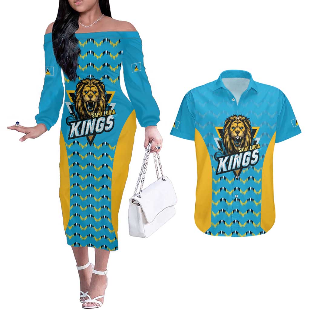 Custom Caribbean Cricket Saint Lucia Couples Matching Off The Shoulder Long Sleeve Dress and Hawaiian Shirt Glory is Ours Kings Rule 2025 - Wonder Print Shop