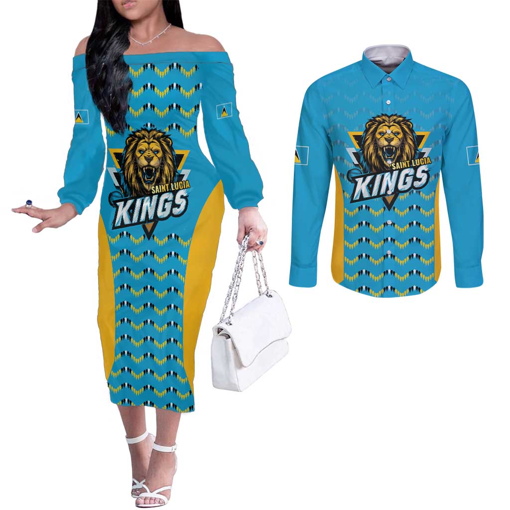 Custom Caribbean Cricket Saint Lucia Couples Matching Off The Shoulder Long Sleeve Dress and Long Sleeve Button Shirt Glory is Ours Kings Rule 2025 - Wonder Print Shop
