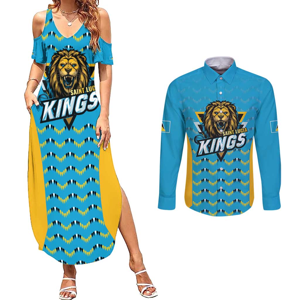 Custom Caribbean Cricket Saint Lucia Couples Matching Summer Maxi Dress and Long Sleeve Button Shirt Glory is Ours Kings Rule 2025 - Wonder Print Shop