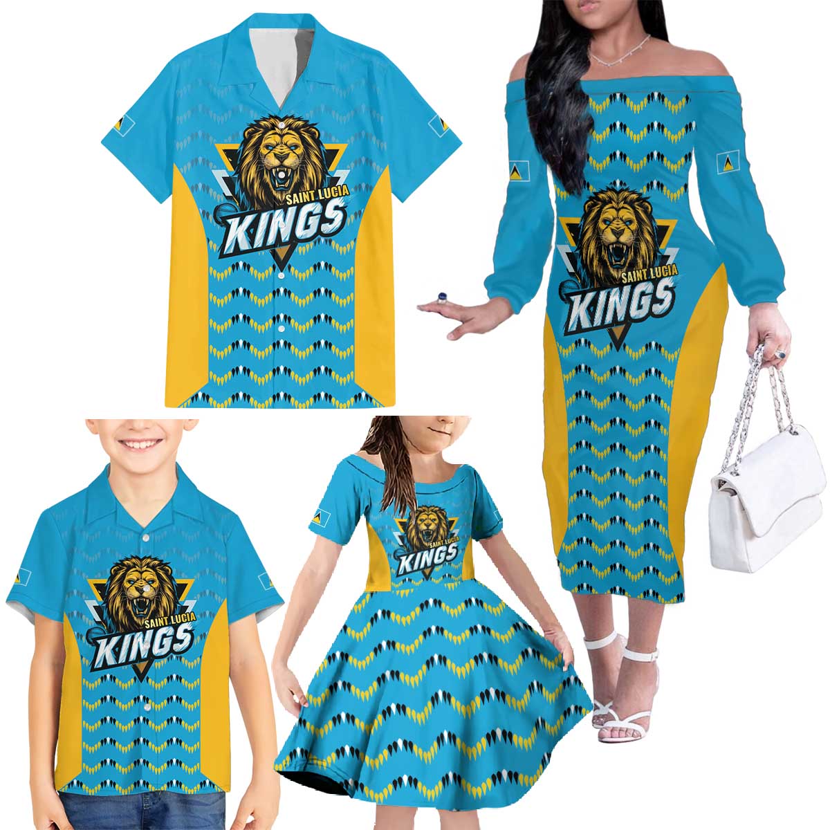 Custom Caribbean Cricket Saint Lucia Family Matching Off The Shoulder Long Sleeve Dress and Hawaiian Shirt Glory is Ours Kings Rule 2025 - Wonder Print Shop