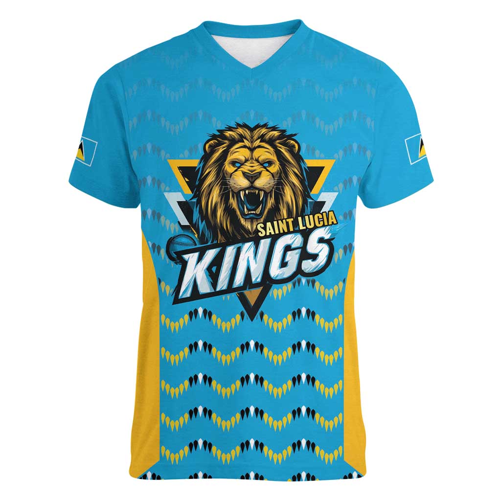 Custom Caribbean Cricket Saint Lucia Women V-Neck T-Shirt Glory is Ours Kings Rule 2025 - Wonder Print Shop