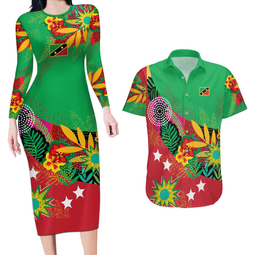 Custom Caribbean Cricket St Kitts and Nevis Couples Matching Long Sleeve Bodycon Dress and Hawaiian Shirt Patriots Reign 2025 - Wonder Print Shop