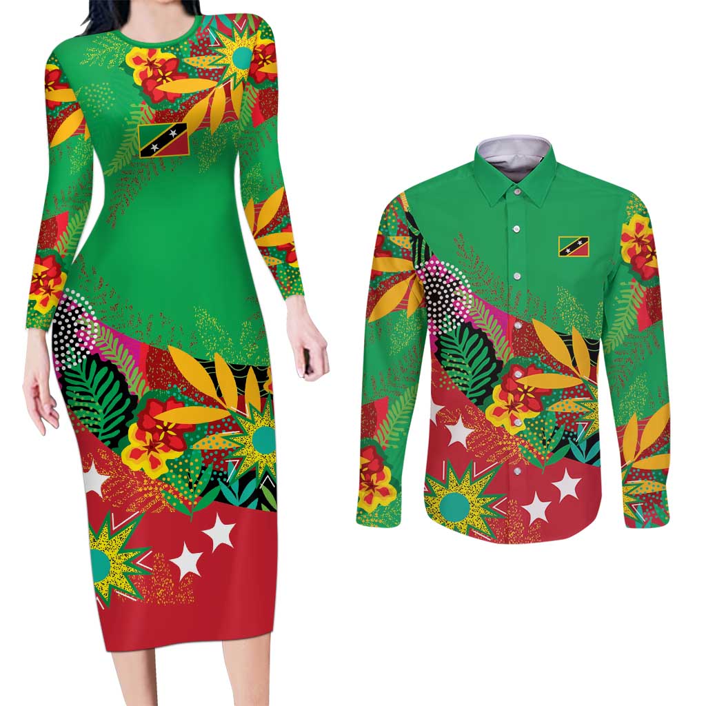 Custom Caribbean Cricket St Kitts and Nevis Couples Matching Long Sleeve Bodycon Dress and Long Sleeve Button Shirt Patriots Reign 2025 - Wonder Print Shop