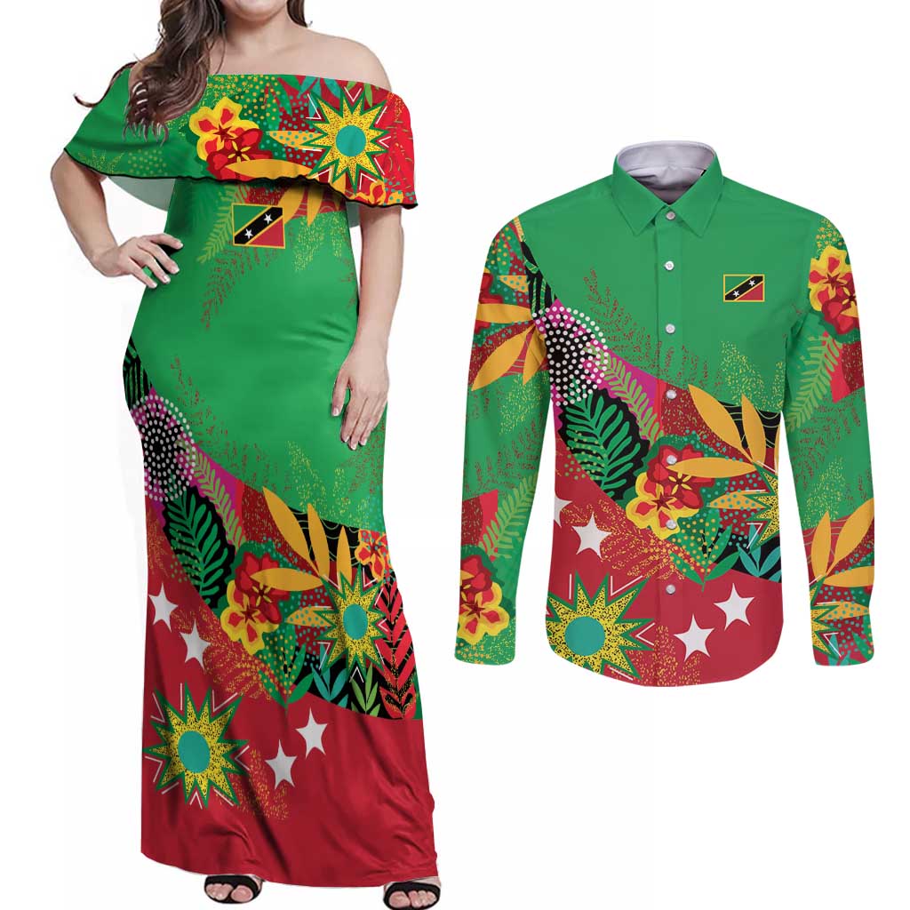 Custom Caribbean Cricket St Kitts and Nevis Couples Matching Off Shoulder Maxi Dress and Long Sleeve Button Shirt Patriots Reign 2025 - Wonder Print Shop