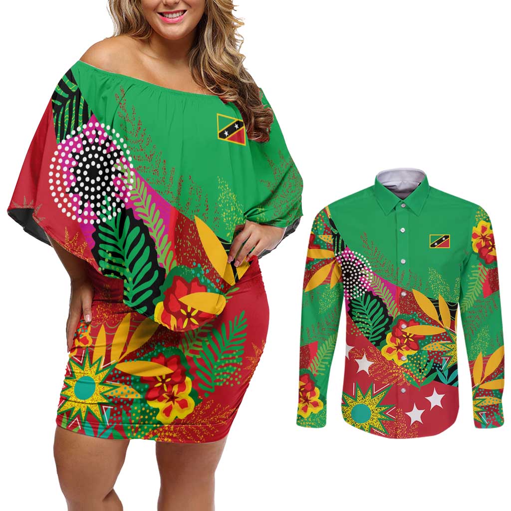 Custom Caribbean Cricket St Kitts and Nevis Couples Matching Off Shoulder Short Dress and Long Sleeve Button Shirt Patriots Reign 2025 - Wonder Print Shop