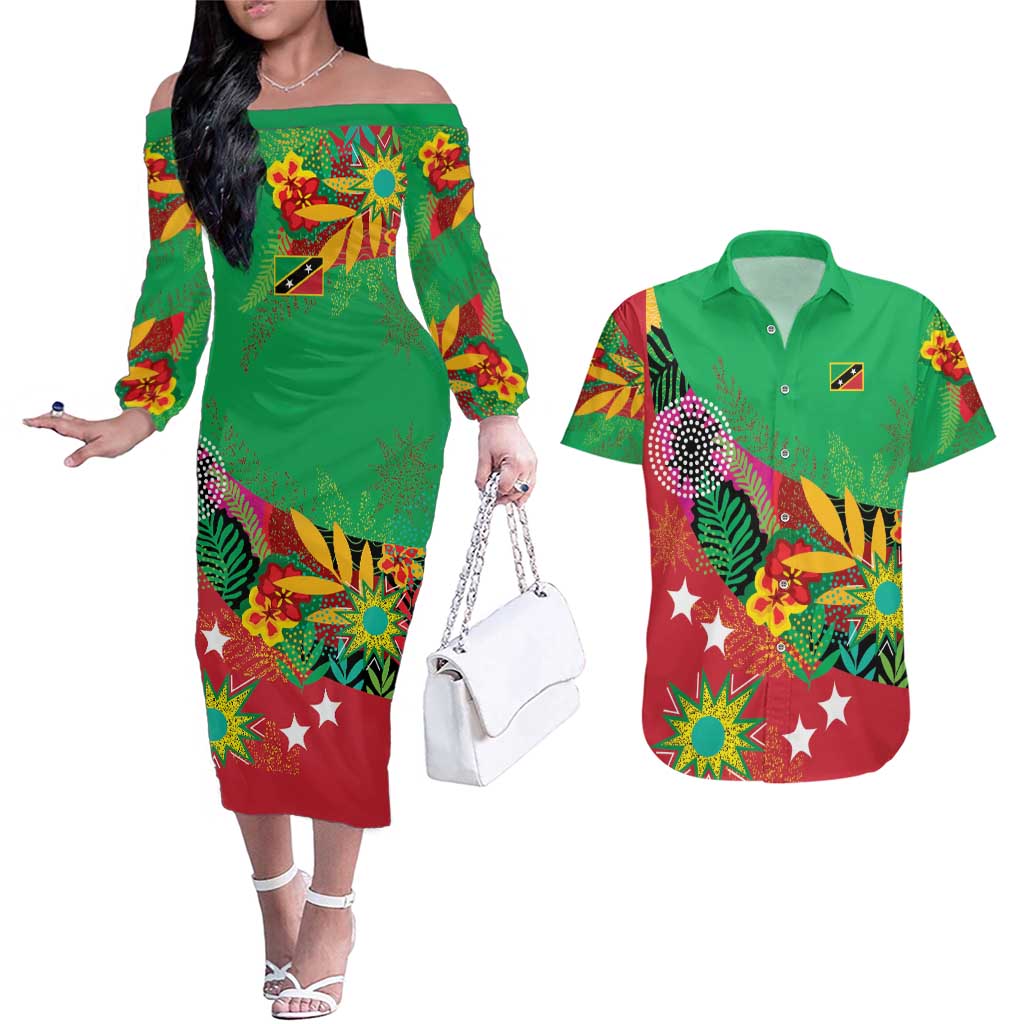 Custom Caribbean Cricket St Kitts and Nevis Couples Matching Off The Shoulder Long Sleeve Dress and Hawaiian Shirt Patriots Reign 2025 - Wonder Print Shop