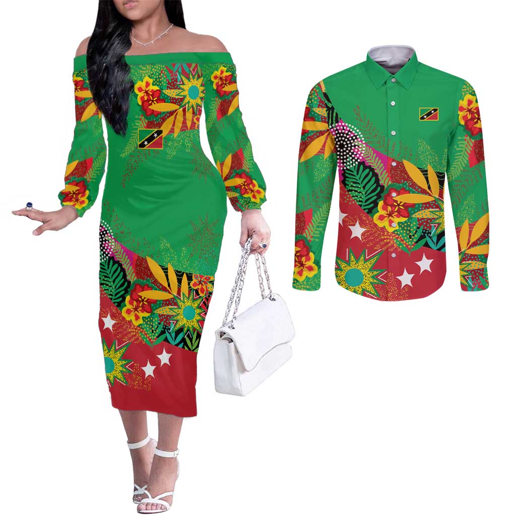 Custom Caribbean Cricket St Kitts and Nevis Couples Matching Off The Shoulder Long Sleeve Dress and Long Sleeve Button Shirt Patriots Reign 2025 - Wonder Print Shop