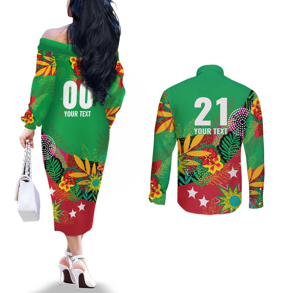 Custom Caribbean Cricket St Kitts and Nevis Couples Matching Off The Shoulder Long Sleeve Dress and Long Sleeve Button Shirt Patriots Reign 2025 - Wonder Print Shop