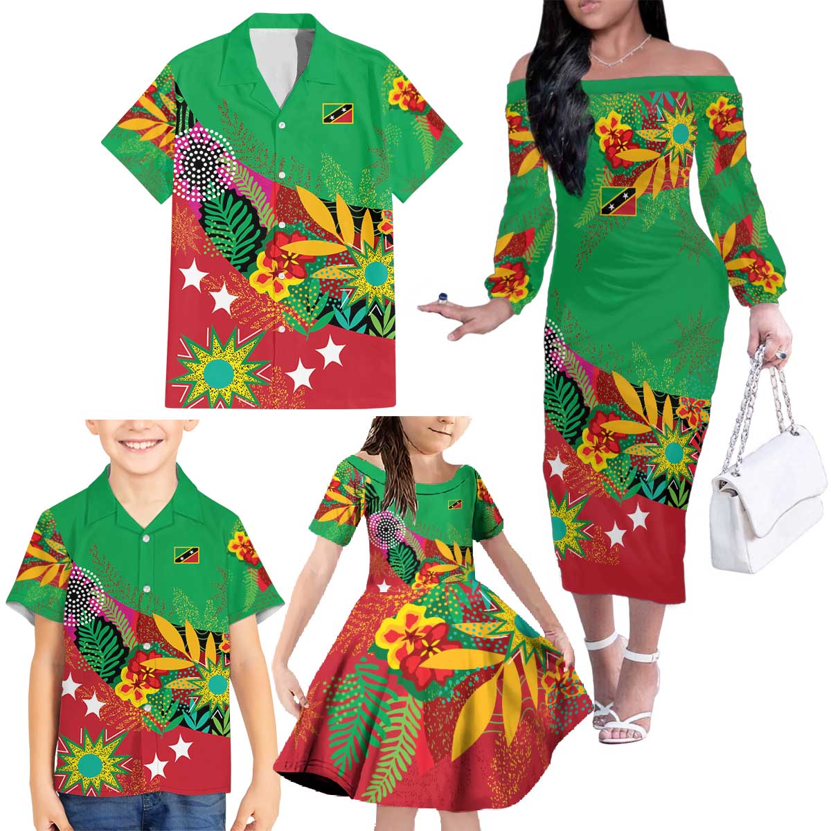 Custom Caribbean Cricket St Kitts and Nevis Family Matching Off The Shoulder Long Sleeve Dress and Hawaiian Shirt Patriots Reign 2025 - Wonder Print Shop