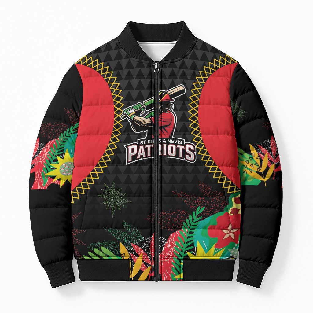 Custom Caribbean Cricket St Kitts and Nevis Bomber Puffer Jacket Two Islands One Fire Patriots Crown 2025 - Black - Wonder Print Shop