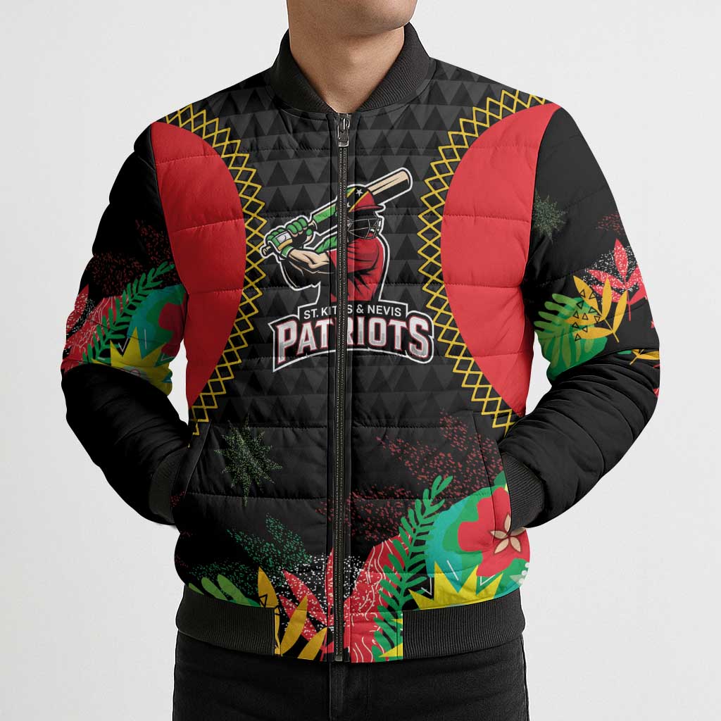 Custom Caribbean Cricket St Kitts and Nevis Bomber Puffer Jacket Two Islands One Fire Patriots Crown 2025 - Black - Wonder Print Shop
