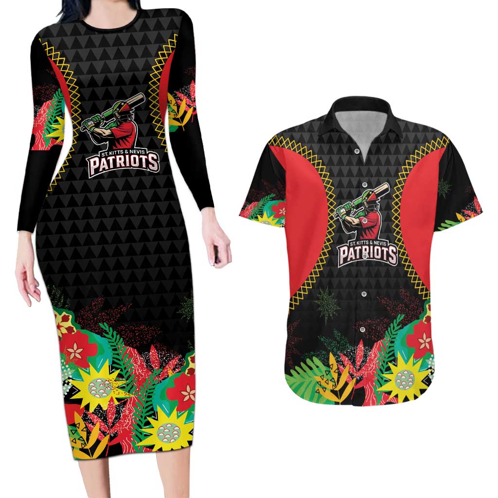 Custom Caribbean Cricket St Kitts and Nevis Couples Matching Long Sleeve Bodycon Dress and Hawaiian Shirt Two Islands One Fire Patriots Crown 2025 - Black - Wonder Print Shop
